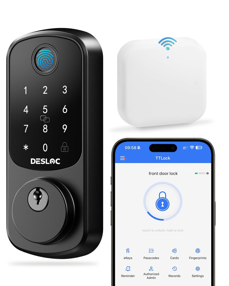 DESLOC Smart Lock B200 إصدار WiFi بصمة الإصبع بدون مفتاح قفل باب الدخول تطبيق التحكم عن بعد أقفال ذكية للباب الأمامي WiFi Deadbolt Smart Lock منفذ طاقة الطوارئ 12 شهرًا قفل تلقائي للبطارية - Image 1